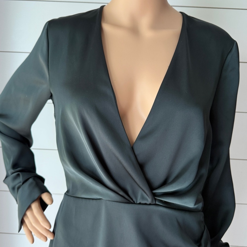 Zara Dark Green Long Sleeve Wrap Satin Dress Sz M - Picture 3 of 9